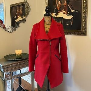 FRENCH CONNECTION Red Wool black Leather winter coat Designer M 6 8 sold out
